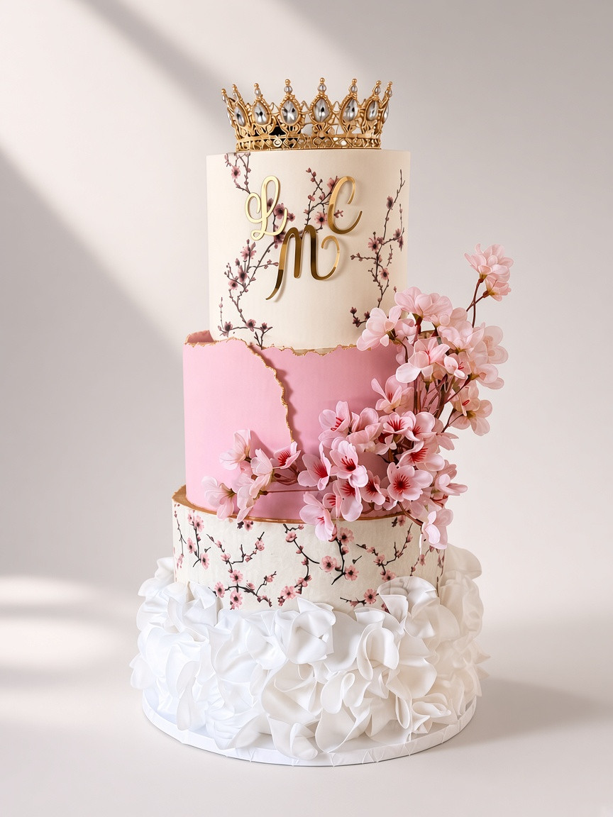 Cherry blossom crown tiered wedding cake Brossard